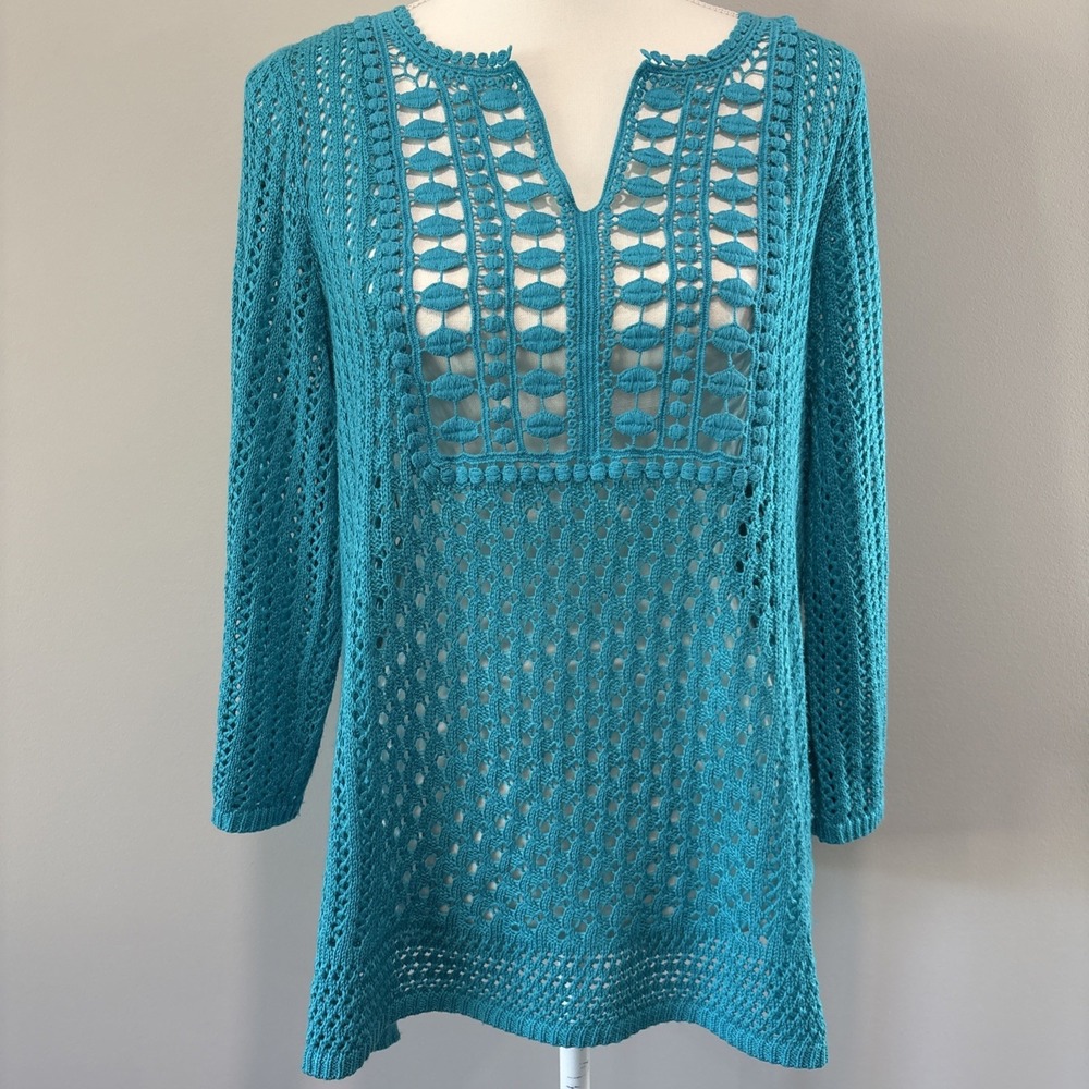 Chico's Women's Crochet Sweater Top Cotton Blend Blue 3/4 Sleeve Size 2 L/XL